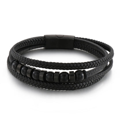 Mehrlagiges schwarzes Lederarmband mit Edelstahl-Akzenten – Handgeflochtener Unikatschmuck