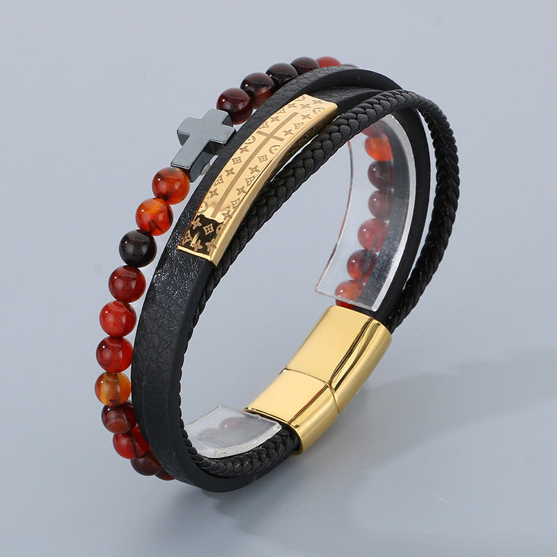 Vintage Lederarmband für Herren mit Titanstahl-Kreuz & Achatperlen – Mehrlagig geflochten