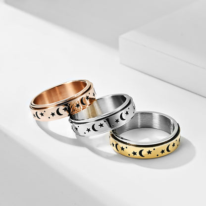 Stern-Mond Titanring mit Nachleuchteffekt | Drehbarer Anti-Stress-Ring - 316L Edelstahl für Damen & Herren