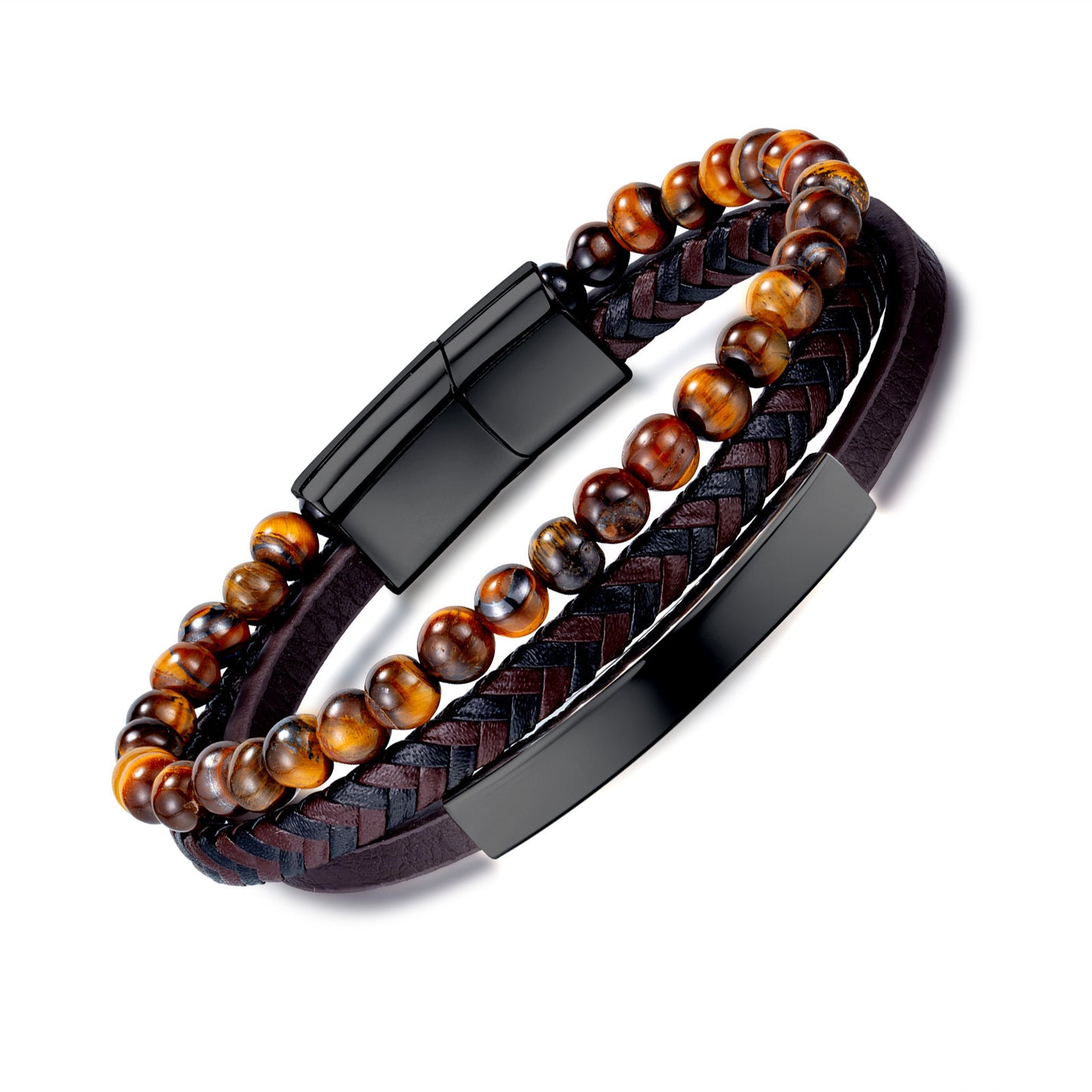 Geflochtenes Lederarmband mit Tigerauge für Männer – Mehrlagiges Design