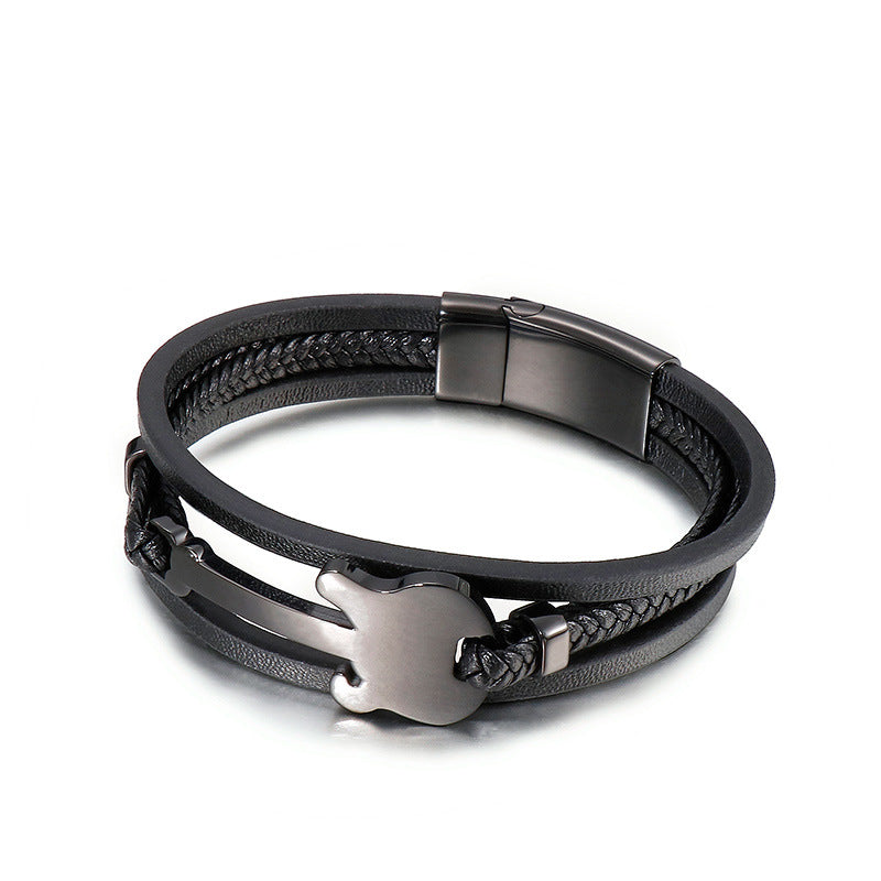 Titanstahl-Armband mit Mini-Gitarrenanhänger – Mehrlagiges geflochtenes Lederband im Vintage-Design