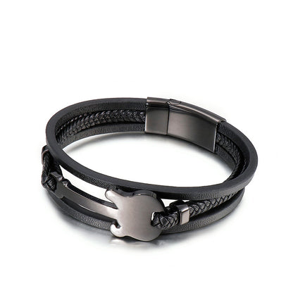 Titanstahl-Armband mit Mini-Gitarrenanhänger – Mehrlagiges geflochtenes Lederband im Vintage-Design