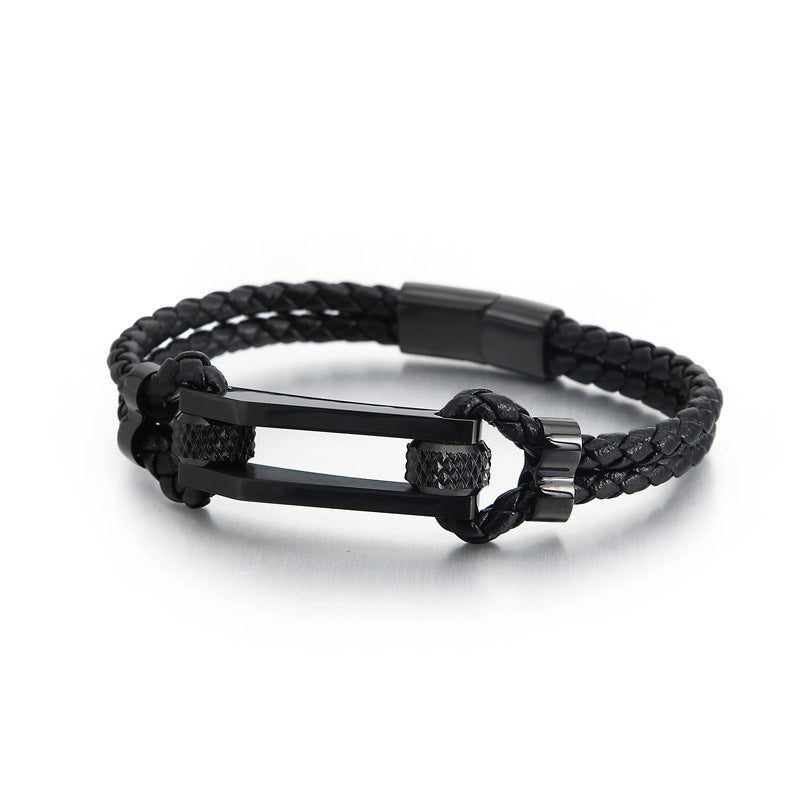 Edelstahl-Armband mit doppeltem Ledergeflecht – Titanstahl-Akzente für urbanen Style