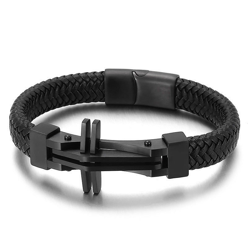 Herren Armband aus Edelstahl mit Kreuz-Anhänger & Lederflechtung | Hypoallergen