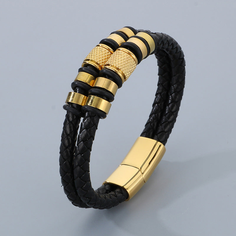Mehrlagiges Ledergeflecht-Armband aus Edelstahl – Retro-Punk-Design mit Magnetverschluss