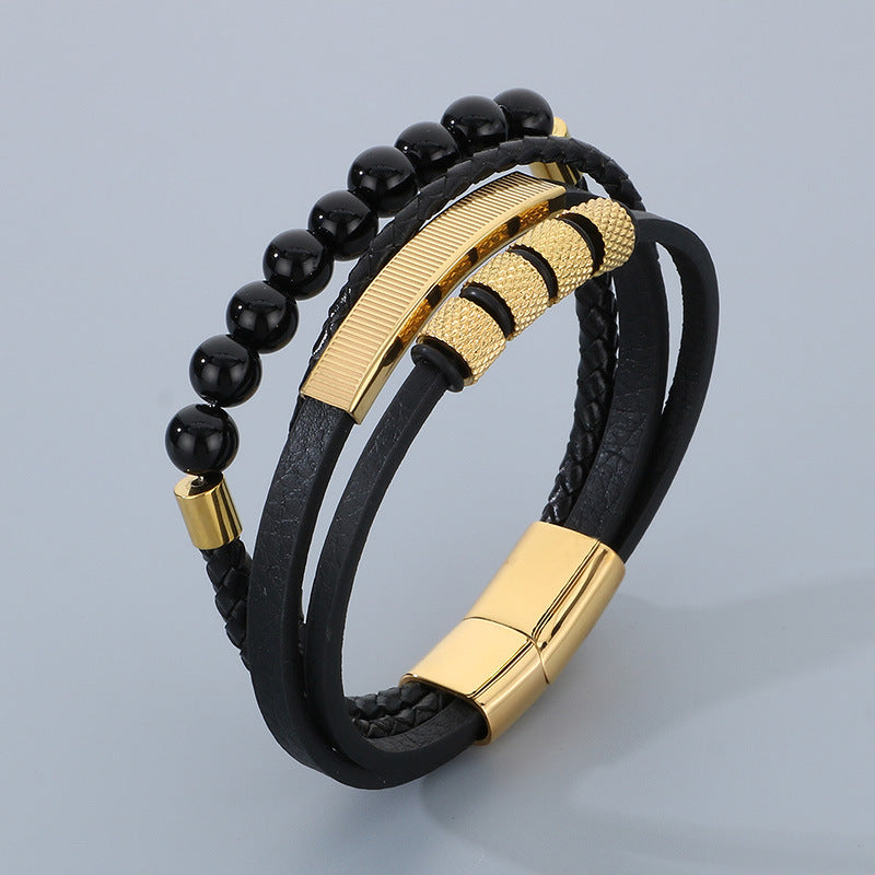 Vintage Lederarmband für Herren mit Vulkanstein & Magnetplatte – Mehrlagige Mikrofaser-Flechtung