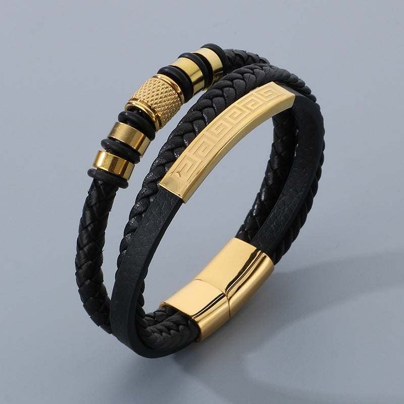Herren-Armband aus Titanstahl - Mehrlagiges Ledergeflecht mit gebogenem Edelstahlblech und Magnetverschluss