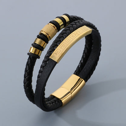 Herren-Armband aus Titanstahl - Mehrlagiges Ledergeflecht mit gebogenem Edelstahlblech und Magnetverschluss