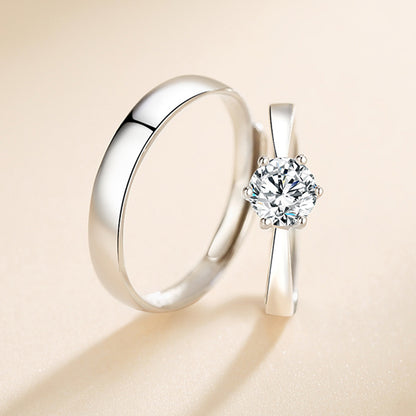S925 Sterlingsilber Paarringe (6-Prong) - Rhodinierte Weißgold-Optik, verstellbar & mit Zirkonia