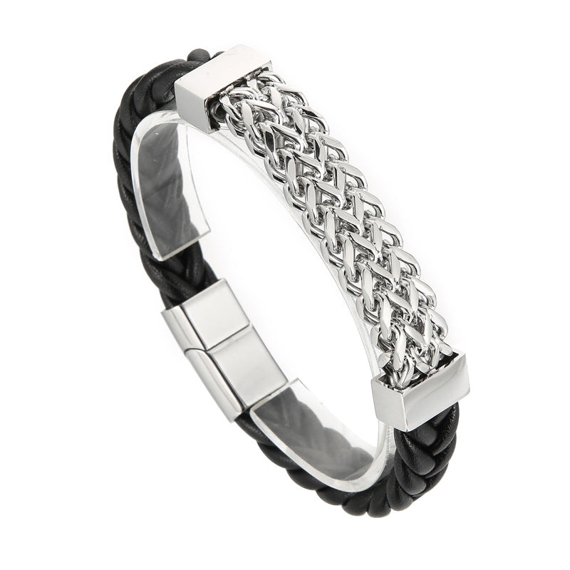 Doppelreihiges Leder-Armband mit Titanstahl-Kette – Magnetverschluss für Herren