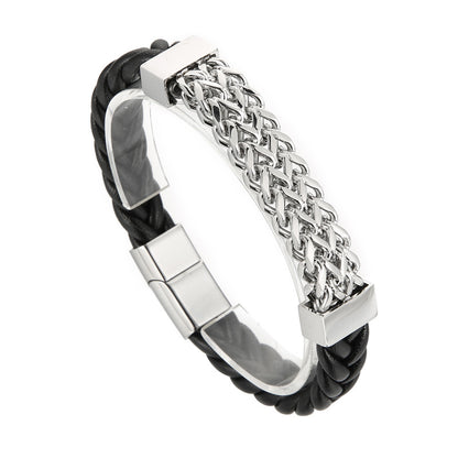 Doppelreihiges Leder-Armband mit Titanstahl-Kette – Magnetverschluss für Herren