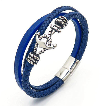 Maritimes Lederarmband mit Anker-Charm aus Edelstahl – Mehrlagig handgeflochten