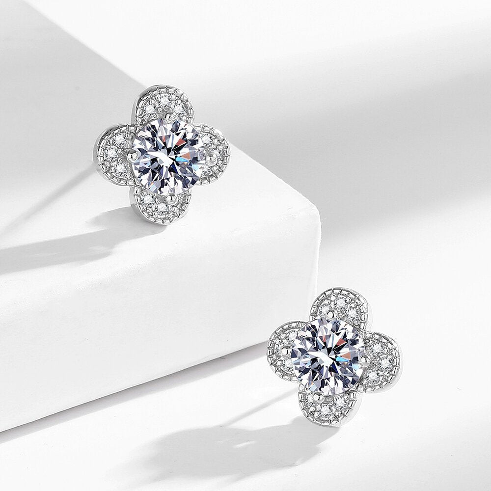 Glücksklee Ohrringe mit Zirkonia - Kupfer rhodiniert (Weißgold-Optik)