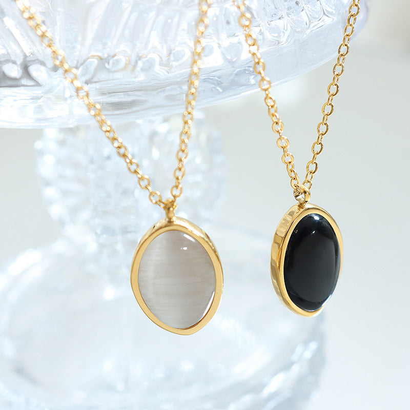 Retro Chaton-Anhängerkette aus Edelstahl | Mit Katzenaugen-Effektstein - 18K Gold oder Hochglanz-Silberoptik