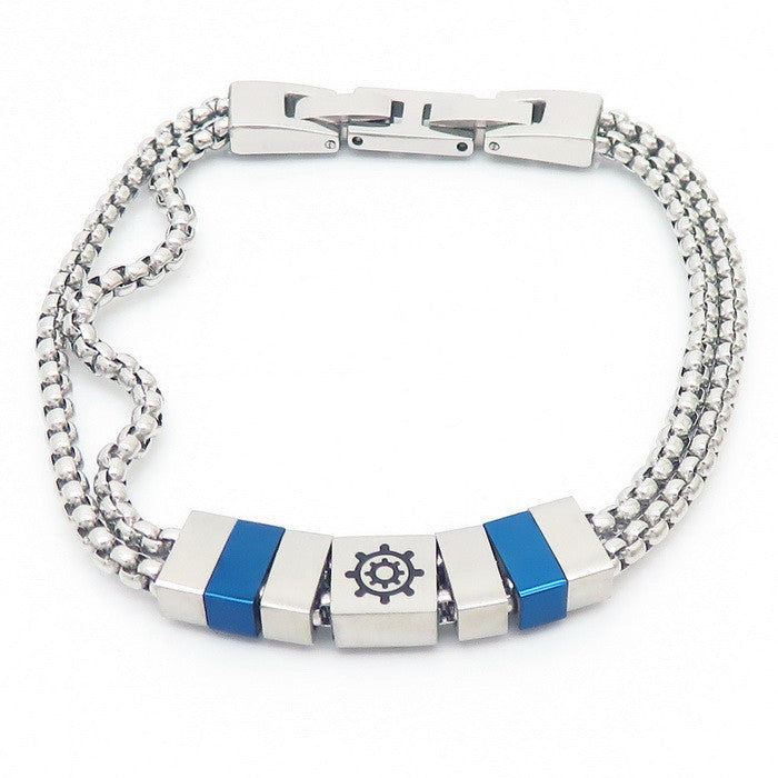 Edelstahl-Armband für Männer mit maritimen Motiven - Anker, Steuerrad, Lebensbaum und Sterne in 2-lagigem Design