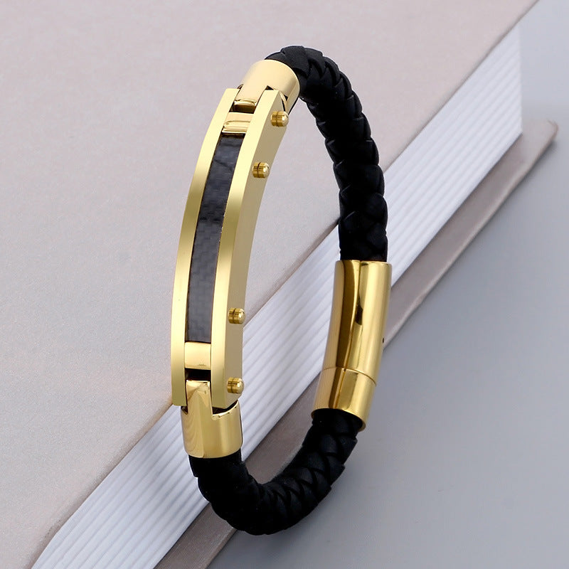 Modisches Herren-Armband aus Edelstahl & geflochtenem Leder - Mit Fiber- oder Stahldraht-Einlagen