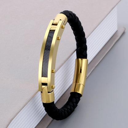 Modisches Herren-Armband aus Edelstahl & geflochtenem Leder - Mit Fiber- oder Stahldraht-Einlagen