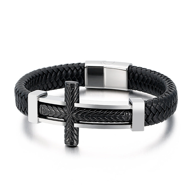 Herren Armband aus geflochtenem Leder mit Edelstahl-Kreuz – Robustes Männer-Armband