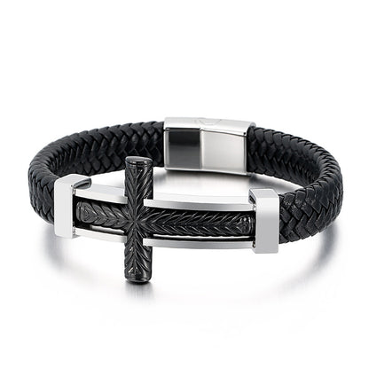 Herren Armband aus geflochtenem Leder mit Edelstahl-Kreuz – Robustes Männer-Armband