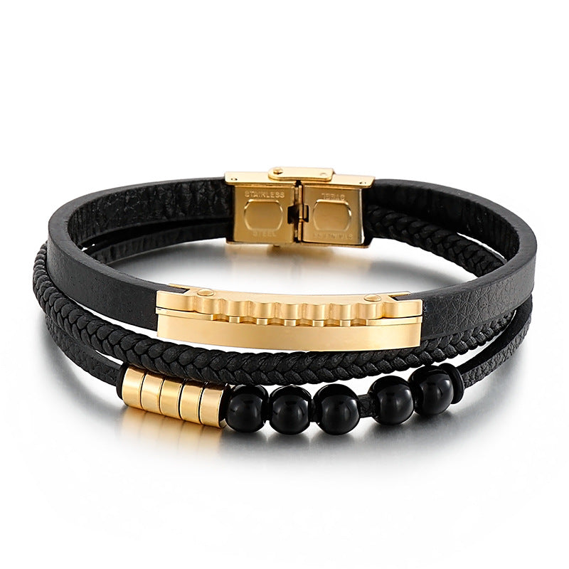 Mehrlagiges geflochtenes Lederarmband mit Edelstahl & geometrischen Perlen – Handgefertigter Unikatschmuck