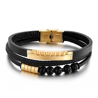 Mehrlagiges geflochtenes Lederarmband mit Edelstahl & geometrischen Perlen – Handgefertigter Unikatschmuck