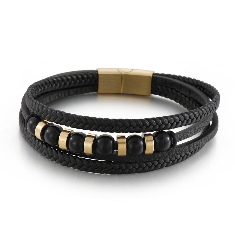 Mehrlagiges schwarzes Lederarmband mit Edelstahl-Akzenten – Handgeflochtener Unikatschmuck
