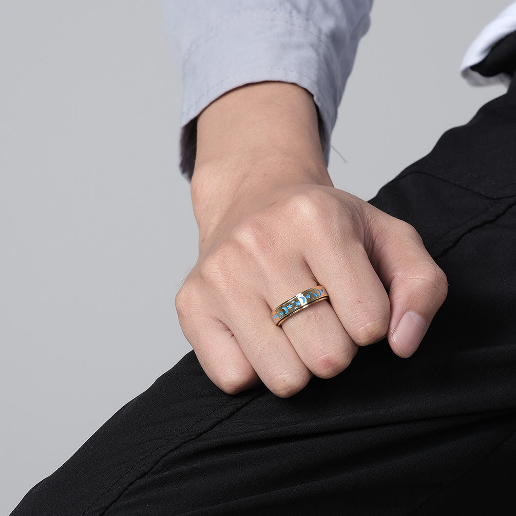 Stern-Mond Titanring mit Nachleuchteffekt | Drehbarer Anti-Stress-Ring - 316L Edelstahl für Damen & Herren
