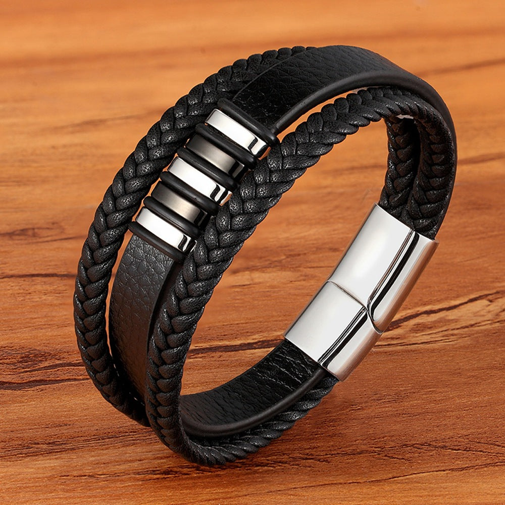 Mehrreihiges Lederarmband mit Edelstahl - Handgefertigter Herrenschmuck - Rustikales Unisex-Design