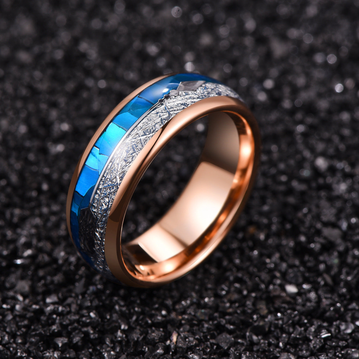 Herrenring aus Wolframcarbid mit Roségold-Beschichtung & blauer Perlmutt-Einlage – gravurfähig, ideales Geschenk