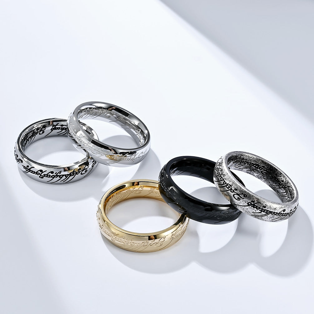 Herr der Ringe Ring - Titanstahl Mittelerde-Replik mit Elfen-Inschriften - Filmgenaue Dark Edition