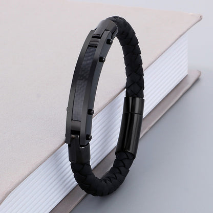 Modisches Herren-Armband aus Edelstahl & geflochtenem Leder - Mit Fiber- oder Stahldraht-Einlagen