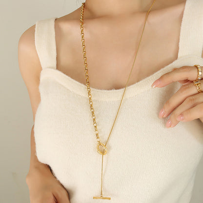 OT-Verschluss Halskette mit verstellbarer Länge | Titanstahl 18k Gold oder Stahlfarben | Trendiger Pulloverketten-Schmuck | Elegante Layering-Kette für Frauen