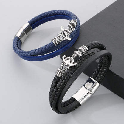 Maritimes Lederarmband mit Anker-Charm aus Edelstahl – Mehrlagig handgeflochten