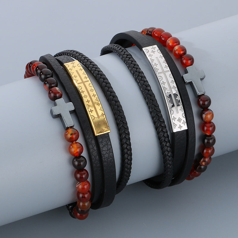 Vintage Lederarmband für Herren mit Titanstahl-Kreuz & Achatperlen – Mehrlagig geflochten