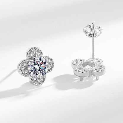 Glücksklee Ohrringe mit Zirkonia - Kupfer rhodiniert (Weißgold-Optik)