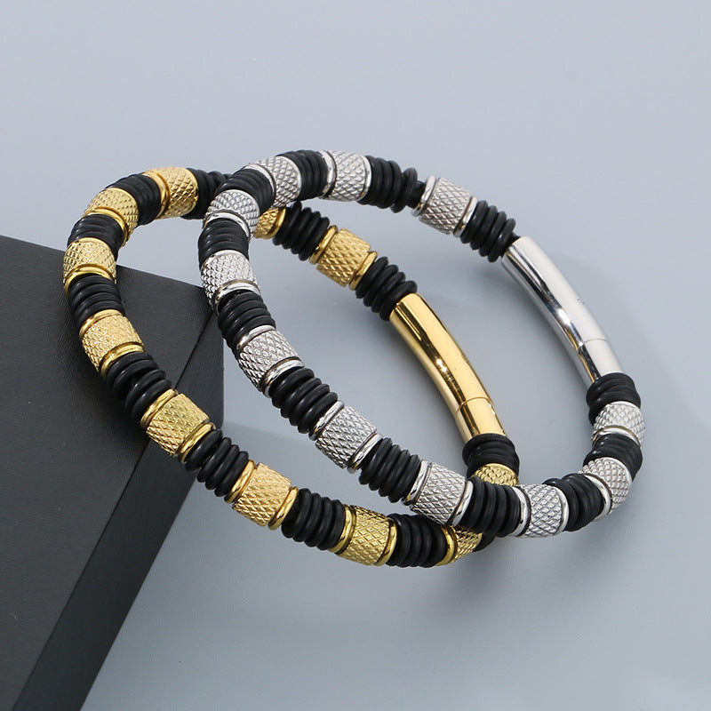 Edelstahl-Armband für Männer mit Microfaser-Leder-Einsatz – Zeitloses Perlen-Design für Business & Freizeit