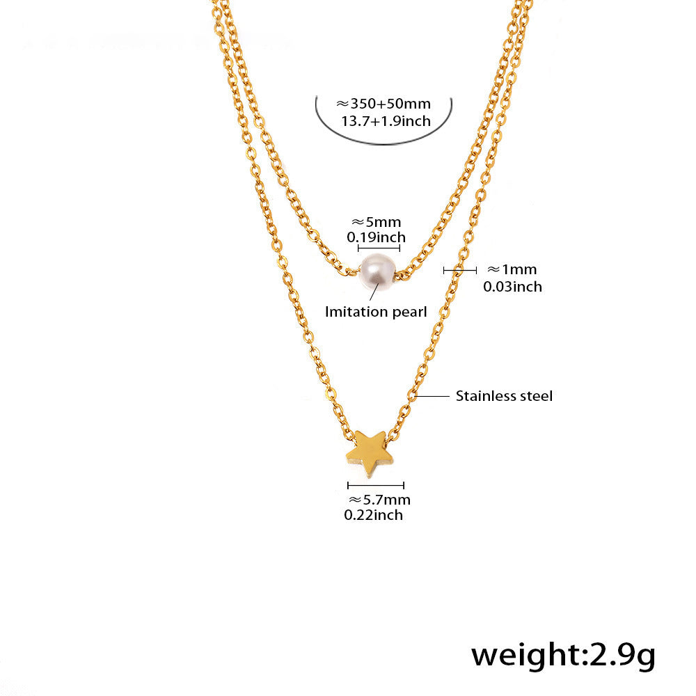 Sternen-Doppelkette mit Perlenimitat – 18K vergoldeter Edelstahl oder Silberoptik für stylisches Layering