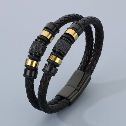 Mehrlagiges Ledergeflecht-Armband aus Edelstahl – Retro-Punk-Design mit Magnetverschluss