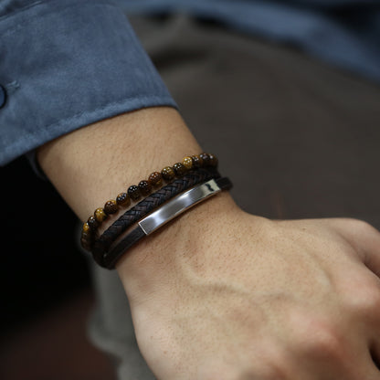 Geflochtenes Lederarmband mit Tigerauge für Männer – Mehrlagiges Design