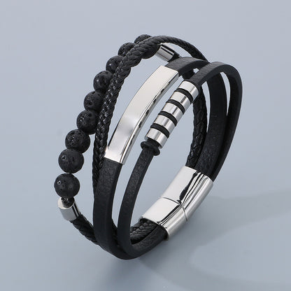 Vintage Lederarmband für Herren mit Vulkanstein & Magnetplatte – Mehrlagige Mikrofaser-Flechtung