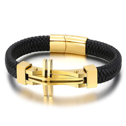 Herren Armband aus Edelstahl mit Kreuz-Anhänger & Lederflechtung | Hypoallergen