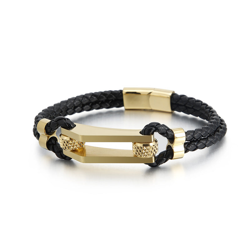 Edelstahl-Armband mit doppeltem Ledergeflecht – Titanstahl-Akzente für urbanen Style