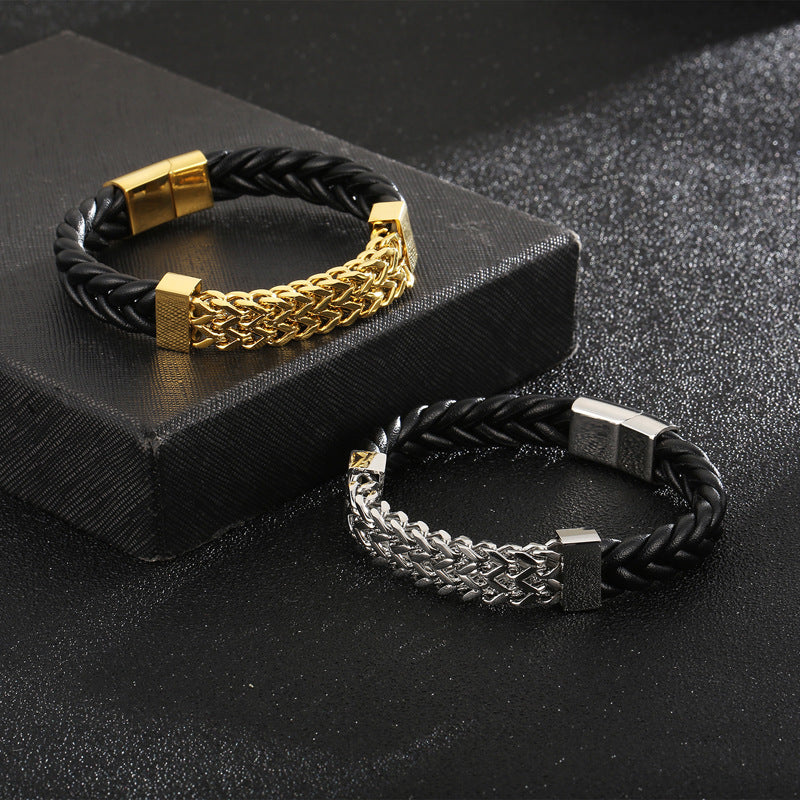 Doppelreihiges Leder-Armband mit Titanstahl-Kette – Magnetverschluss für Herren