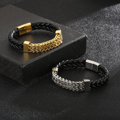 Doppelreihiges Leder-Armband mit Titanstahl-Kette – Magnetverschluss für Herren