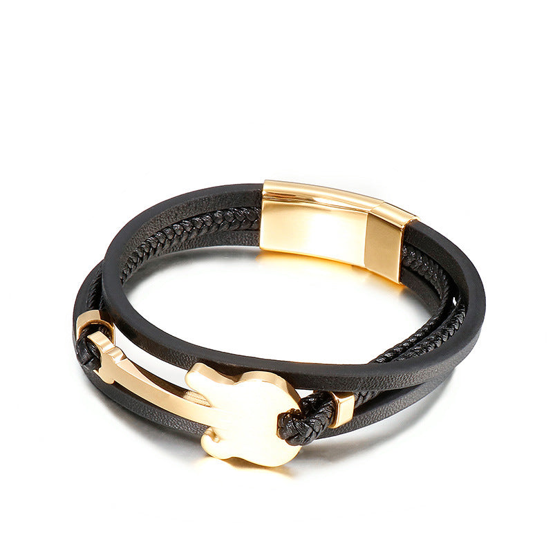 Titanstahl-Armband mit Mini-Gitarrenanhänger – Mehrlagiges geflochtenes Lederband im Vintage-Design