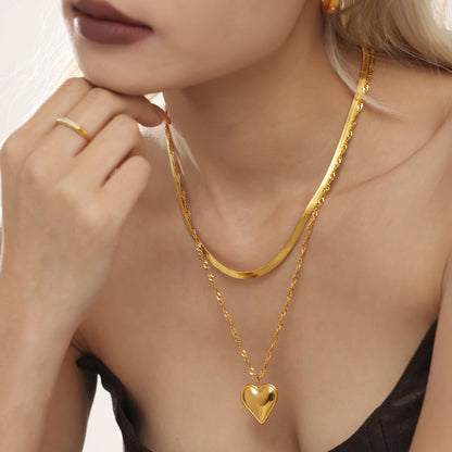 Wellenförmige Klingenkette mit Herz-Anhänger | Doppelschichtige Edelstahlkette in 18K Gold oder Hochglanz-Silberoptik