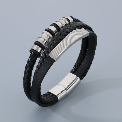 Herren-Armband aus Titanstahl - Mehrlagiges Ledergeflecht mit gebogenem Edelstahlblech und Magnetverschluss