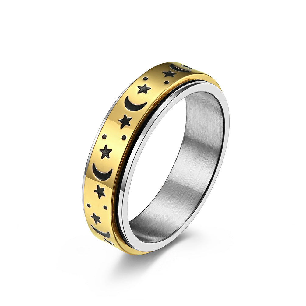 Stern-Mond Titanring mit Nachleuchteffekt | Drehbarer Anti-Stress-Ring - 316L Edelstahl für Damen & Herren
