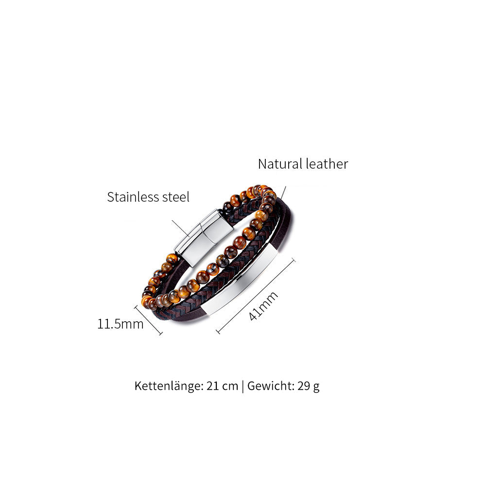 Geflochtenes Lederarmband mit Tigerauge für Männer – Mehrlagiges Design