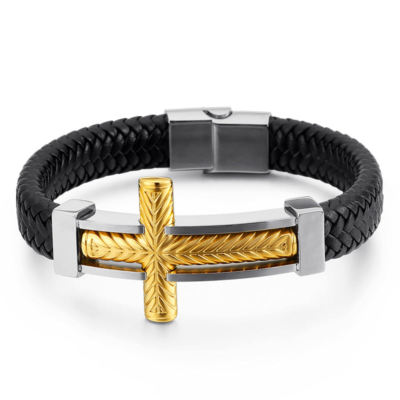 Herren Armband aus geflochtenem Leder mit Edelstahl-Kreuz – Robustes Männer-Armband